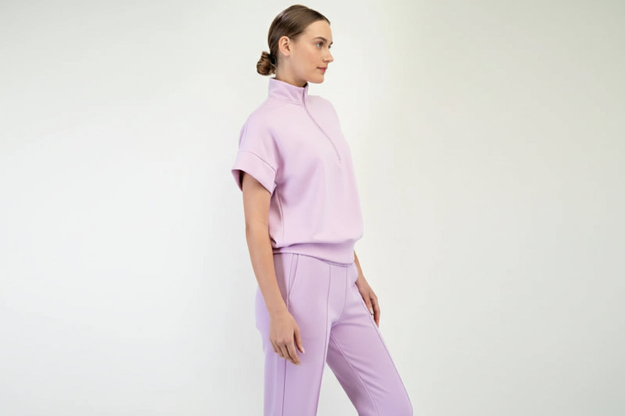 Modal Poly Span Quarter Zip Short Sleeve Top and Scuba Straight Pant - Blossom