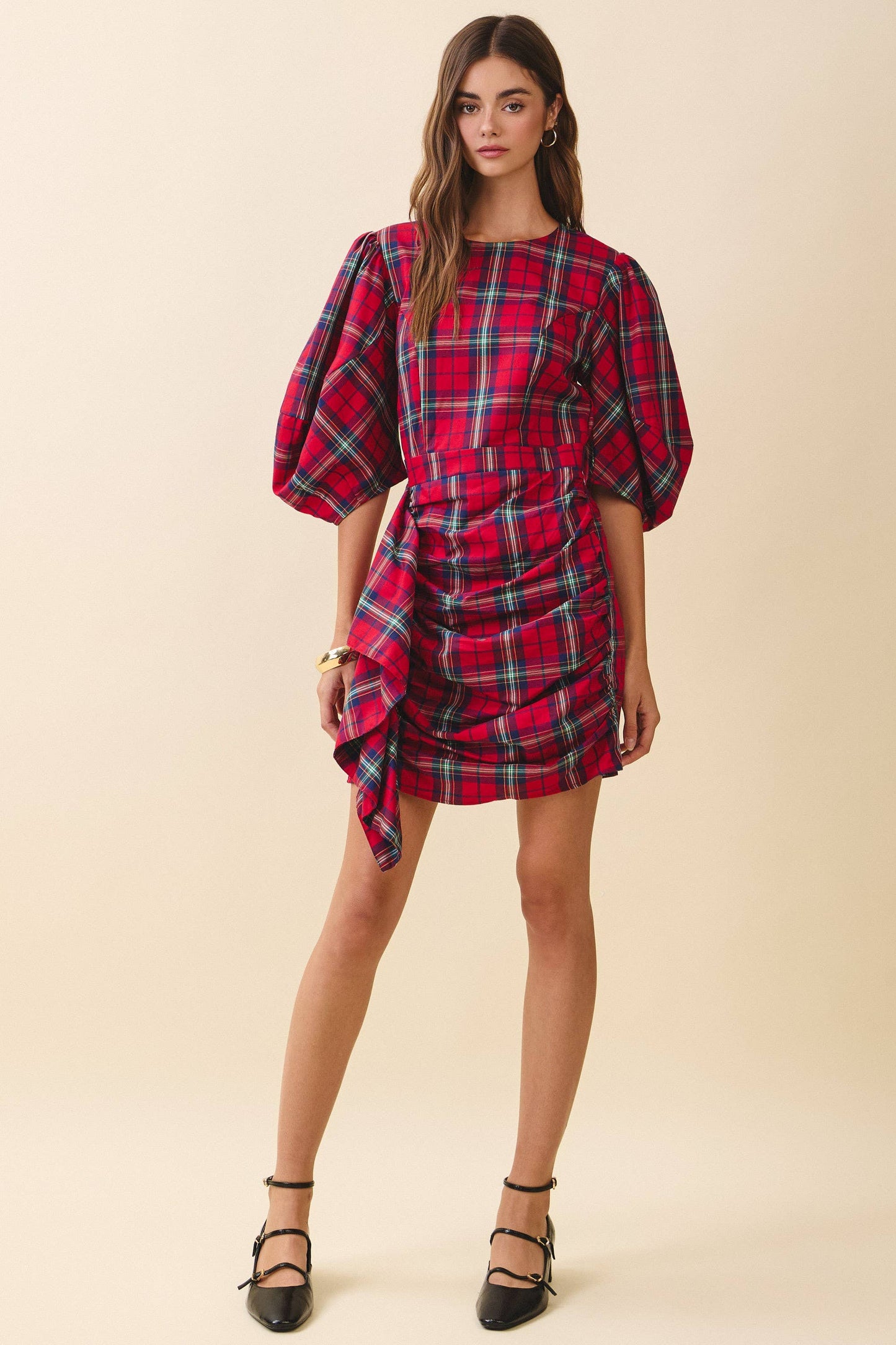 Plaid Puff Sleeves Cascading Ruffle Detail Dress