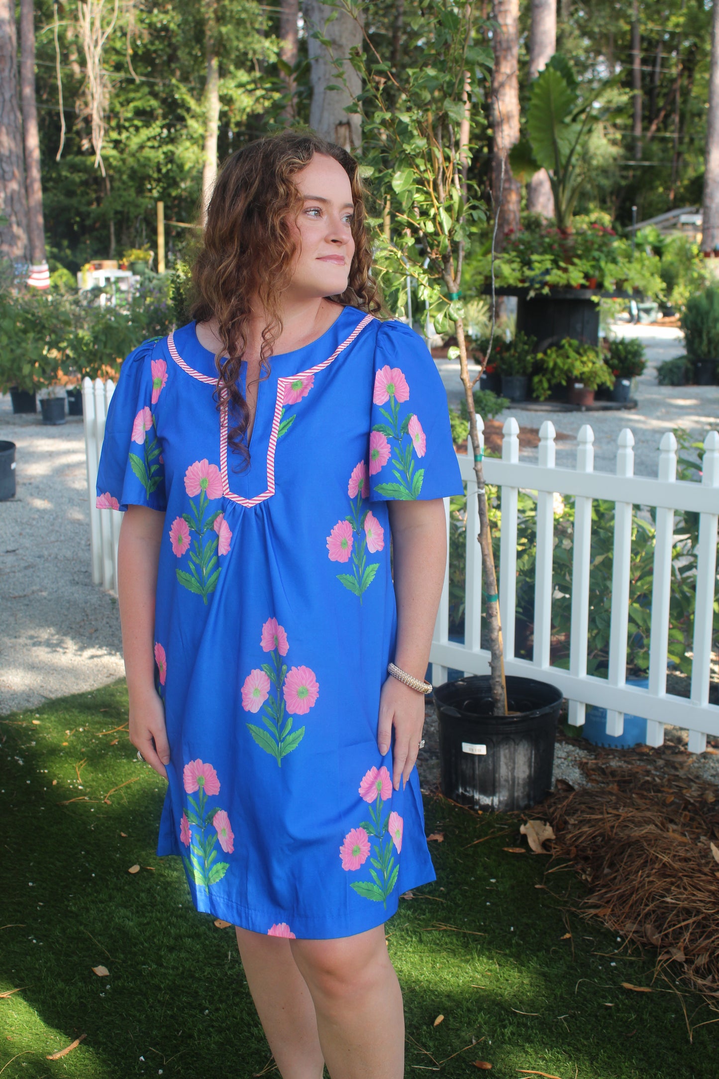 Blue Floral Short Sleeve Split Neck Mini Dress