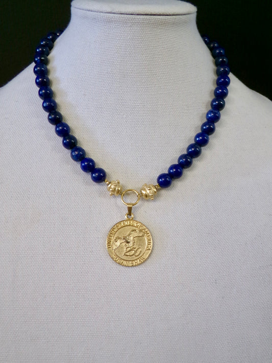 Gold USA 250 Coin on Genuine Lapis Stone Necklace