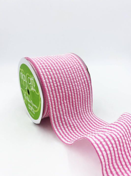 2.5" Wired Bubblegum Pink & White Seersucker Ribbon