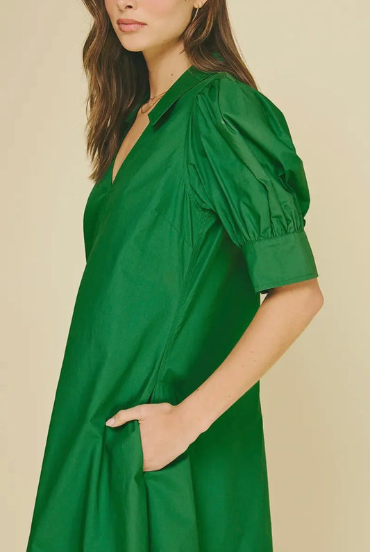 V-Neck Pleated A-Line Dress – Grass Green
