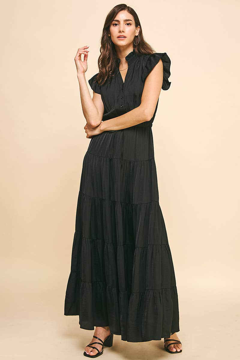 Black Satin Tiered Maxi Dress
