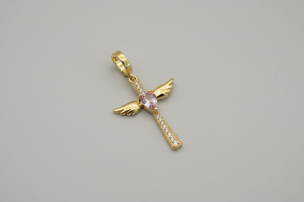 Cross with Wings & Center Gem Charm — Faith, Hope, and Gentle Strength