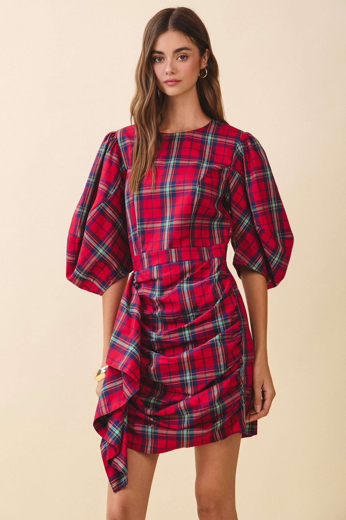 Plaid Puff Sleeves Cascading Ruffle Detail Dress