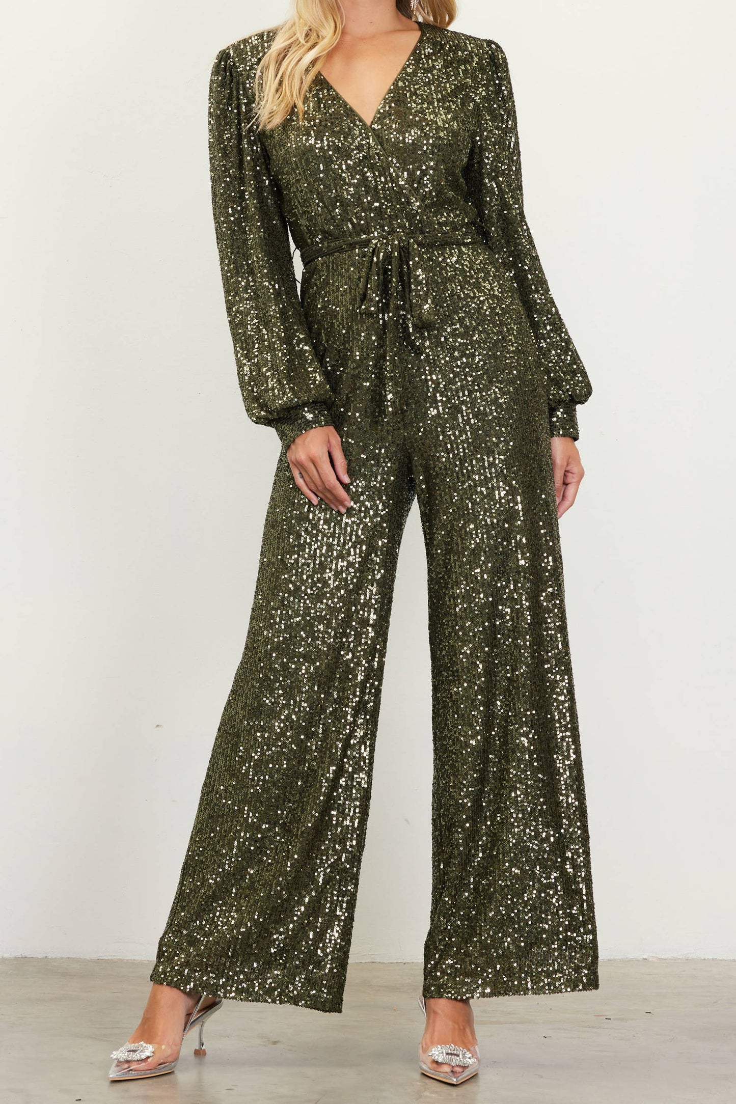 ✨ Skies Are Blue — Long Sleeve V-Neck Sequin Jumpsuit