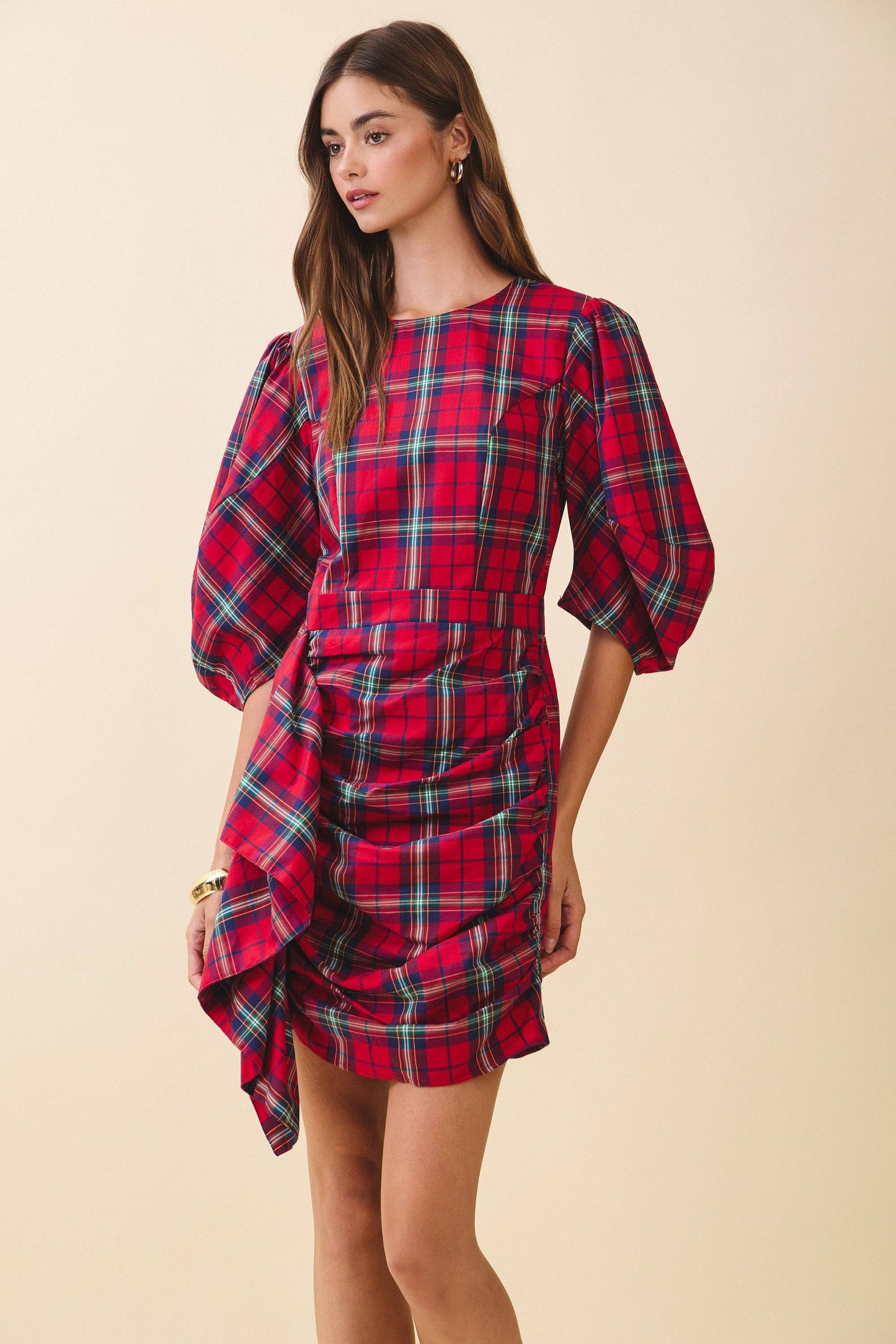 Plaid Puff Sleeves Cascading Ruffle Detail Dress