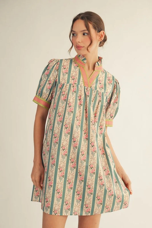Joifl Jade Mix Hort Puff Sleeve Floral Babydoll Dress