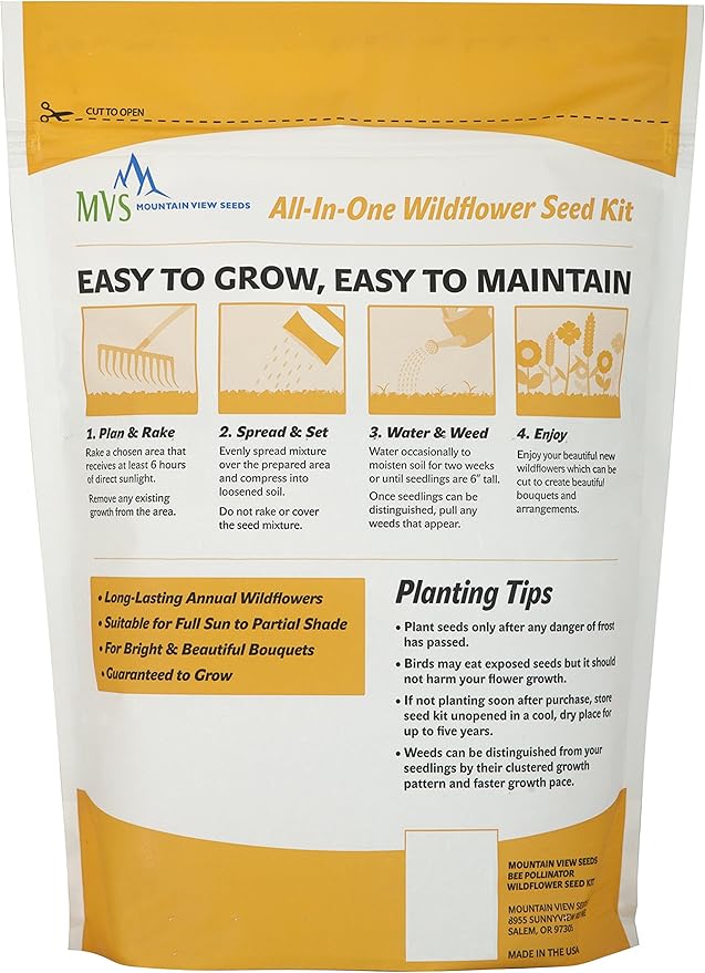 🐝 Mountain View Seeds Bee Pollinator Wildflower Seed Mixture  2 lb • With Mulch Kit • Covers Up to 700 sq ft