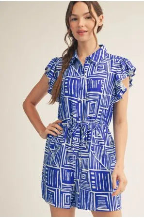 🌿 Ruffled Sleeve Geo Print Romper