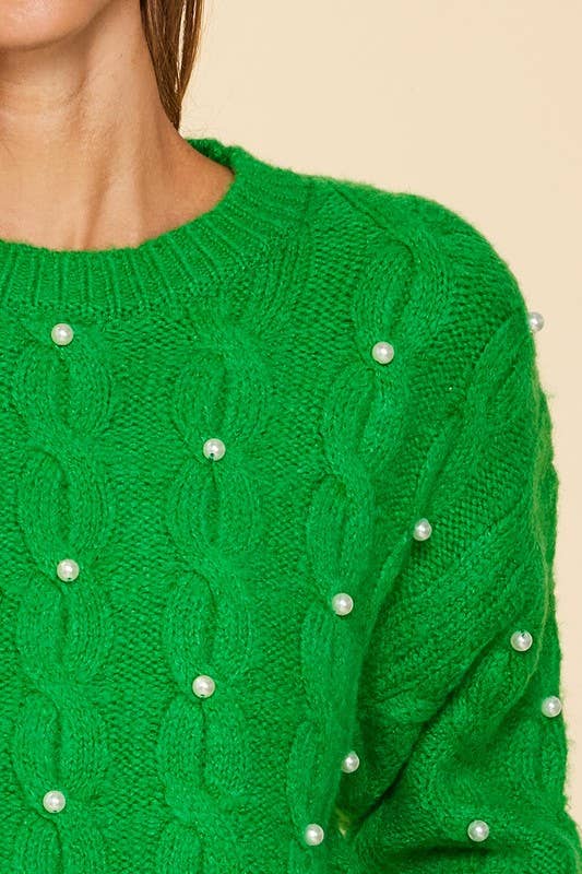 ✨ Skies Are Blue — Long Sleeve Pearl Detail Cable Sweater