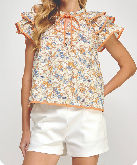 Piping Contrast Floral Ruffle Top: Taupe/orange