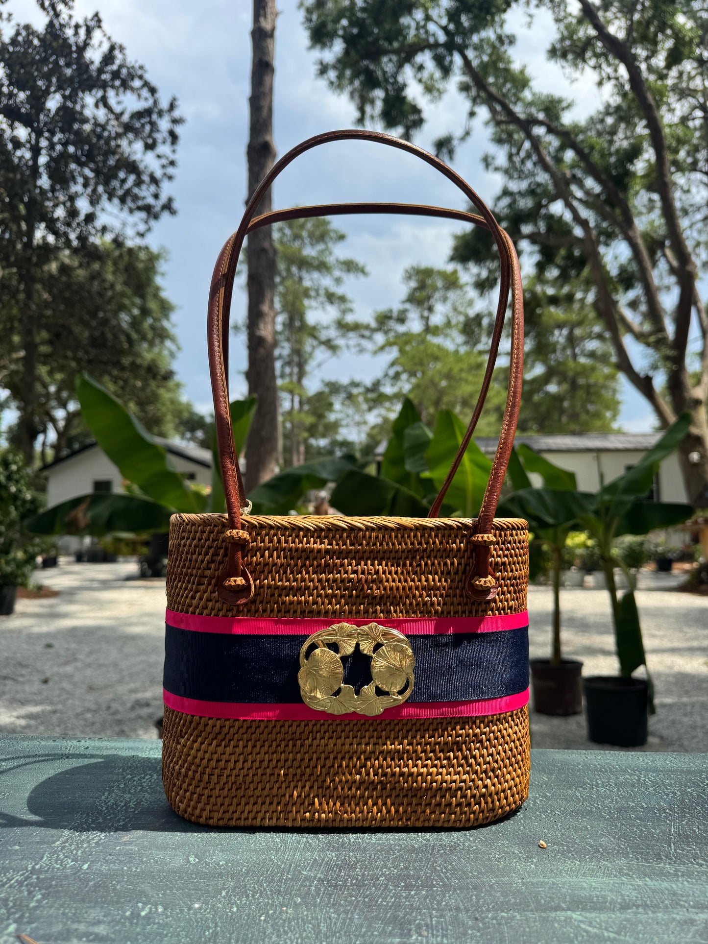 Lisi Lerch Hot Pink/Navy Layer Gingko Leaf Purse
