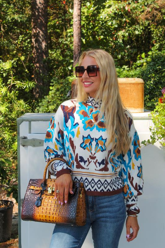 Long Sleeve Multi Color Abstract Sweater Top