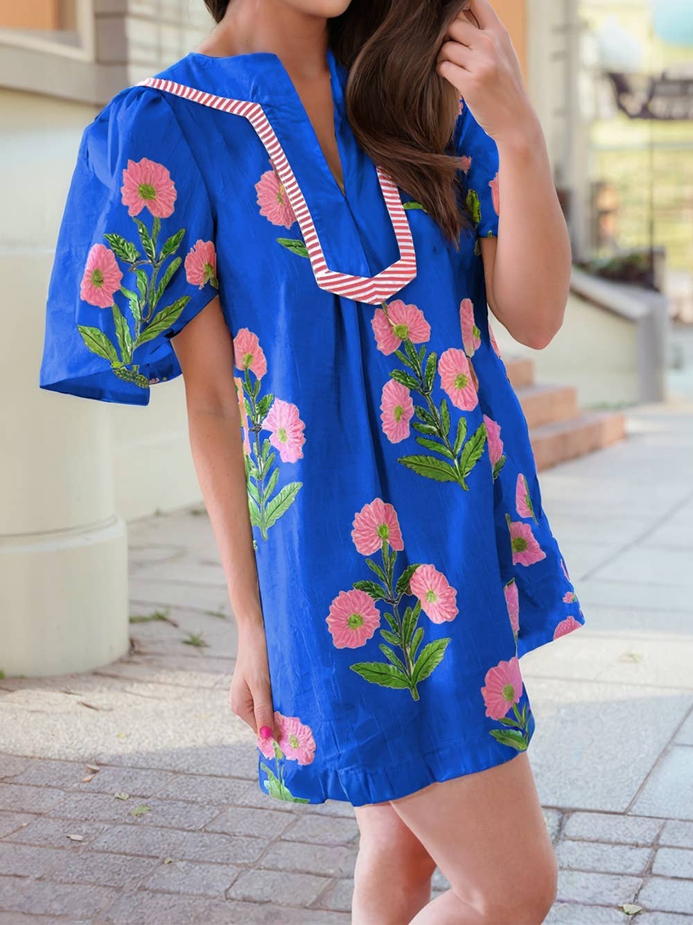 Blue Floral Short Sleeve Split Neck Mini Dress