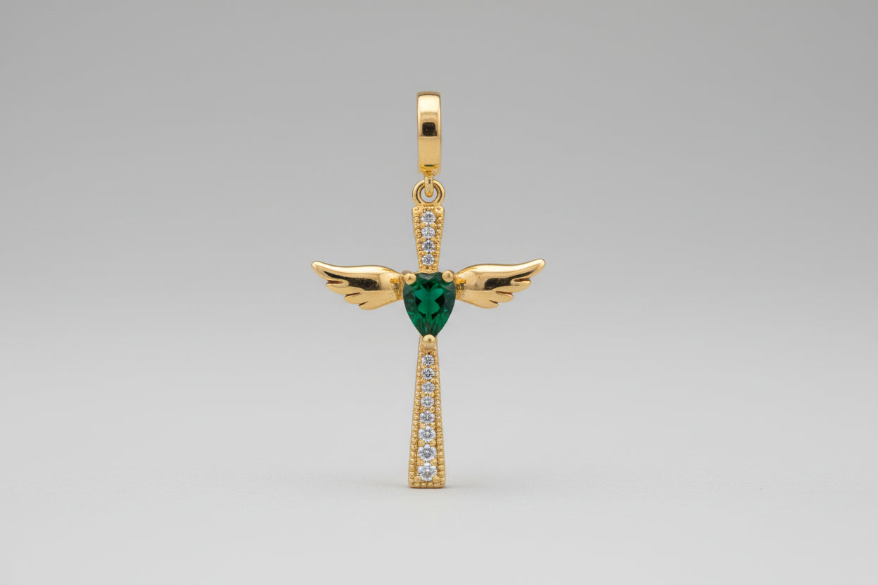 Cross with Wings & Center Gem Charm — Faith, Hope, and Gentle Strength