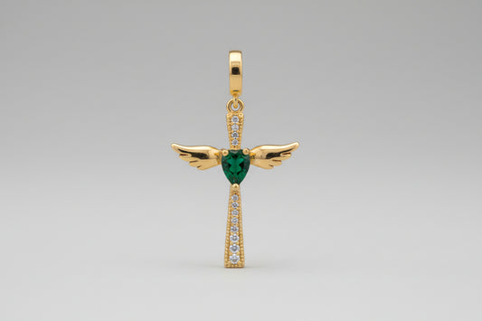 Cross with Wings & Center Gem Charm — Faith, Hope, and Gentle Strength