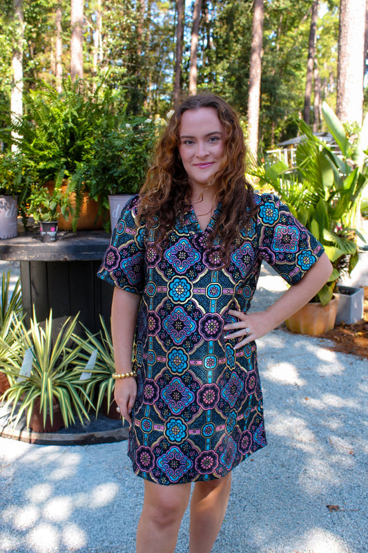 V-Ruffle Neck Mandala Jacquard Dress