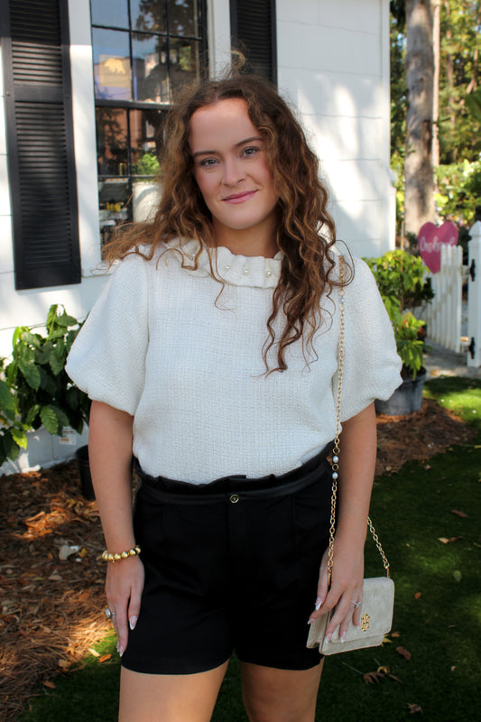 Pearled Ruffle Neckline Top