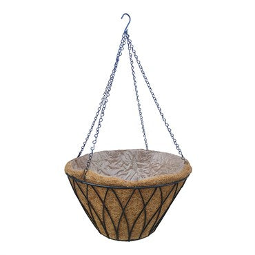 Austram® Lotus Hanging Basket with Chain - 20in - Round - Black - Natural Coco Fiber