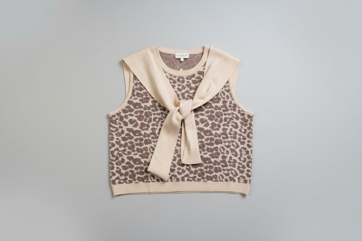 Leopard Print Sleeveless Sweater with Cardigan