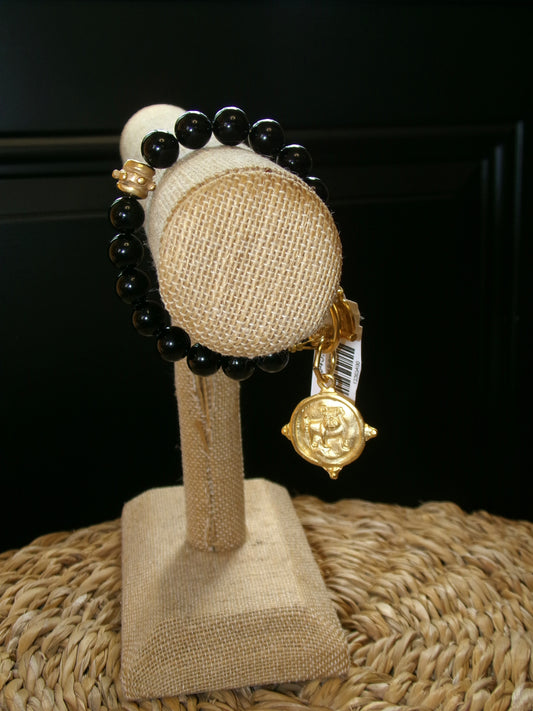 Gold Bulldog on Black Onyx Beads Bracelet