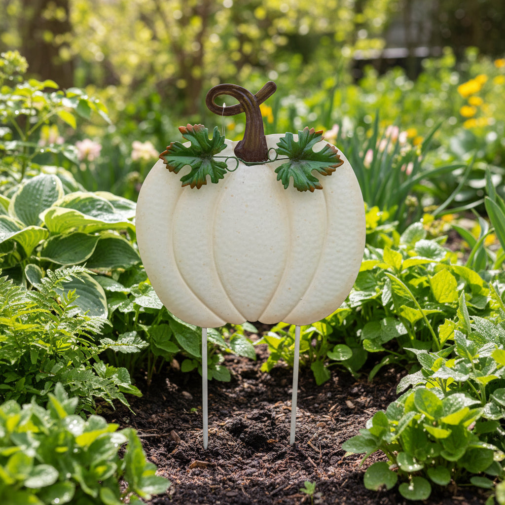 Shiny White Metal Pumpkin Lawn Art