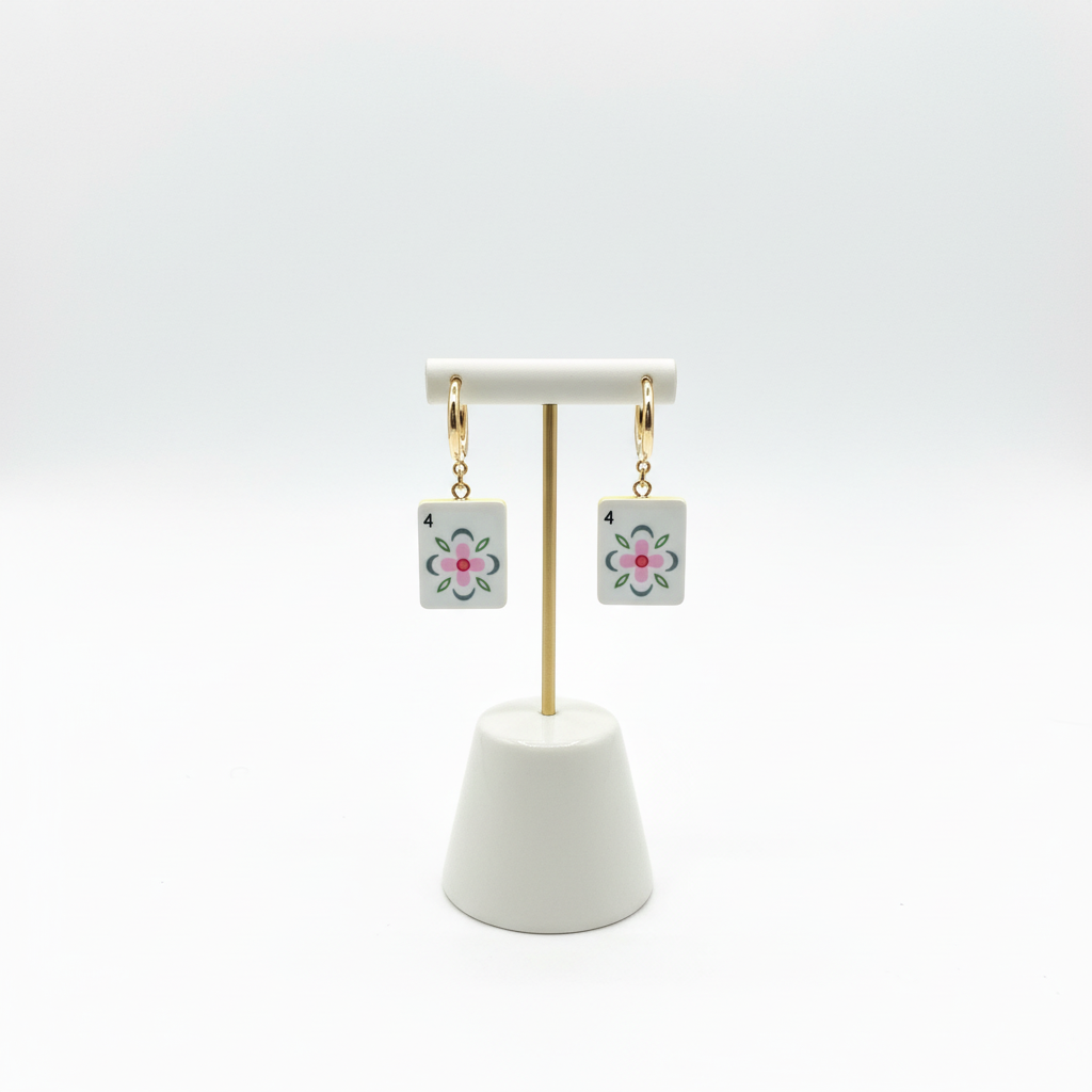Pink flower mahjong tile dangle earrings