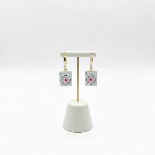 Pink flower mahjong tile dangle earrings