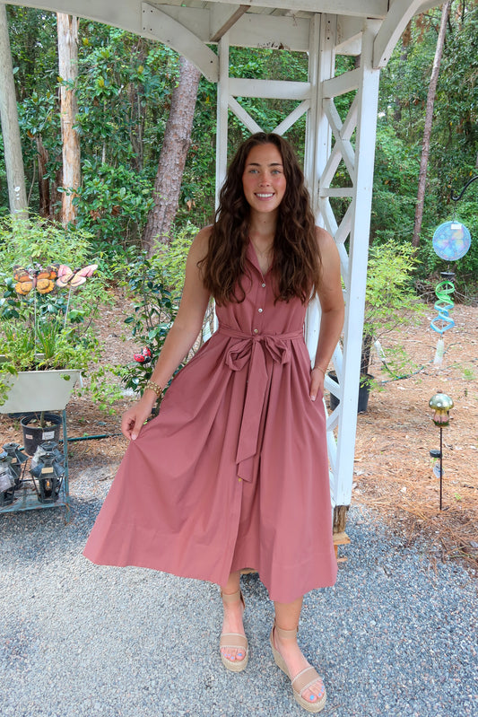 Button Down Flared Dress in Mauve