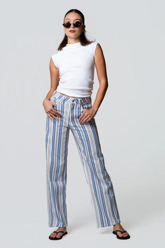 Multi Striped Relaxed Wide Leg Jeans - Longer Length
