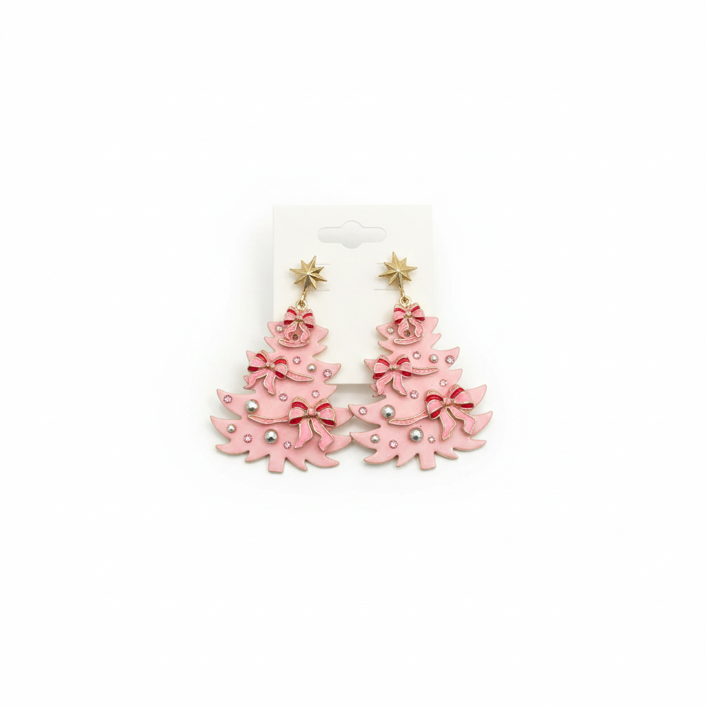 Pink bow Christmas tree earrings