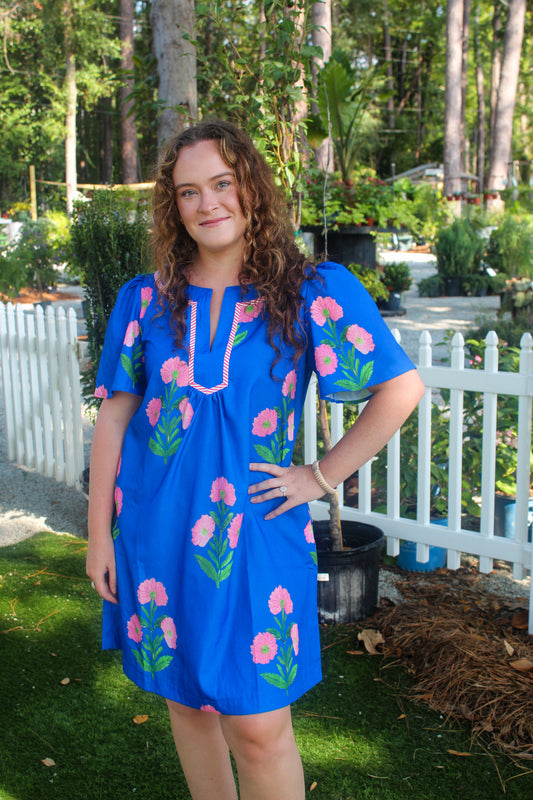 Blue Floral Short Sleeve Split Neck Mini Dress