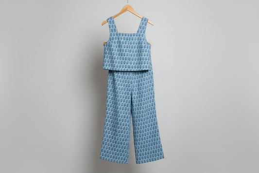 Blue Patterned Two-Piece Pant Set