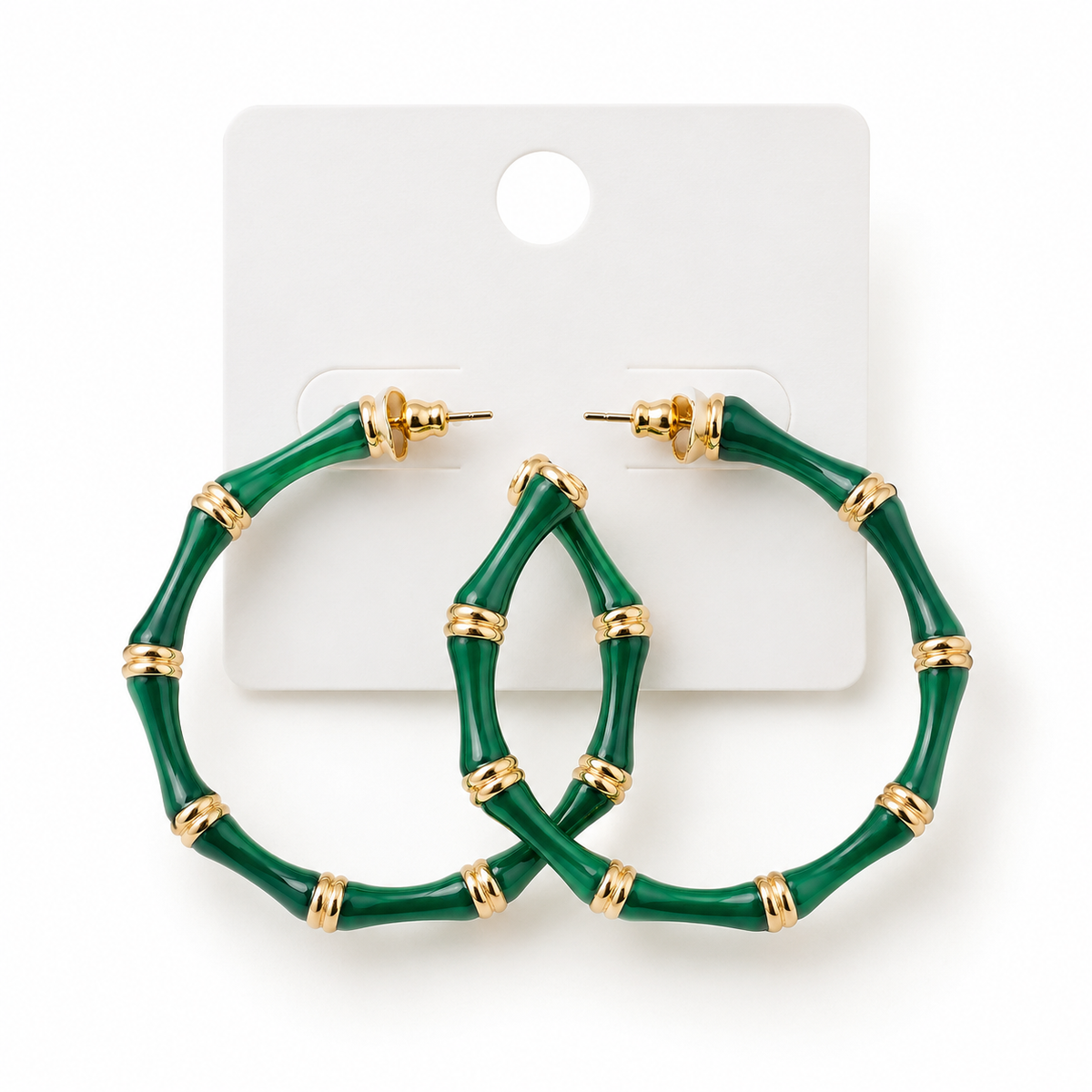 Emerald Bamboo Gold Accent Hoop Earrings 💚