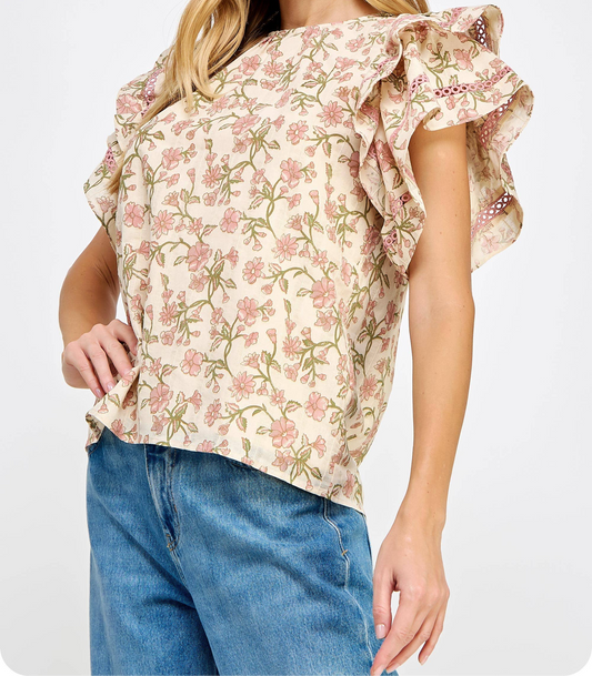 Double Layer Ruffle Sleeve Floral Top: Mauve Multi