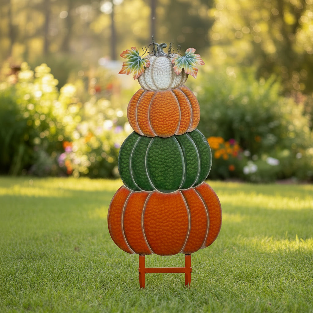 Large 4-Stack Metal Pumpkin Lawn Art