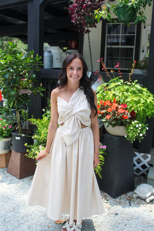 Knotted Flower Bow Midi Dress: Ecru