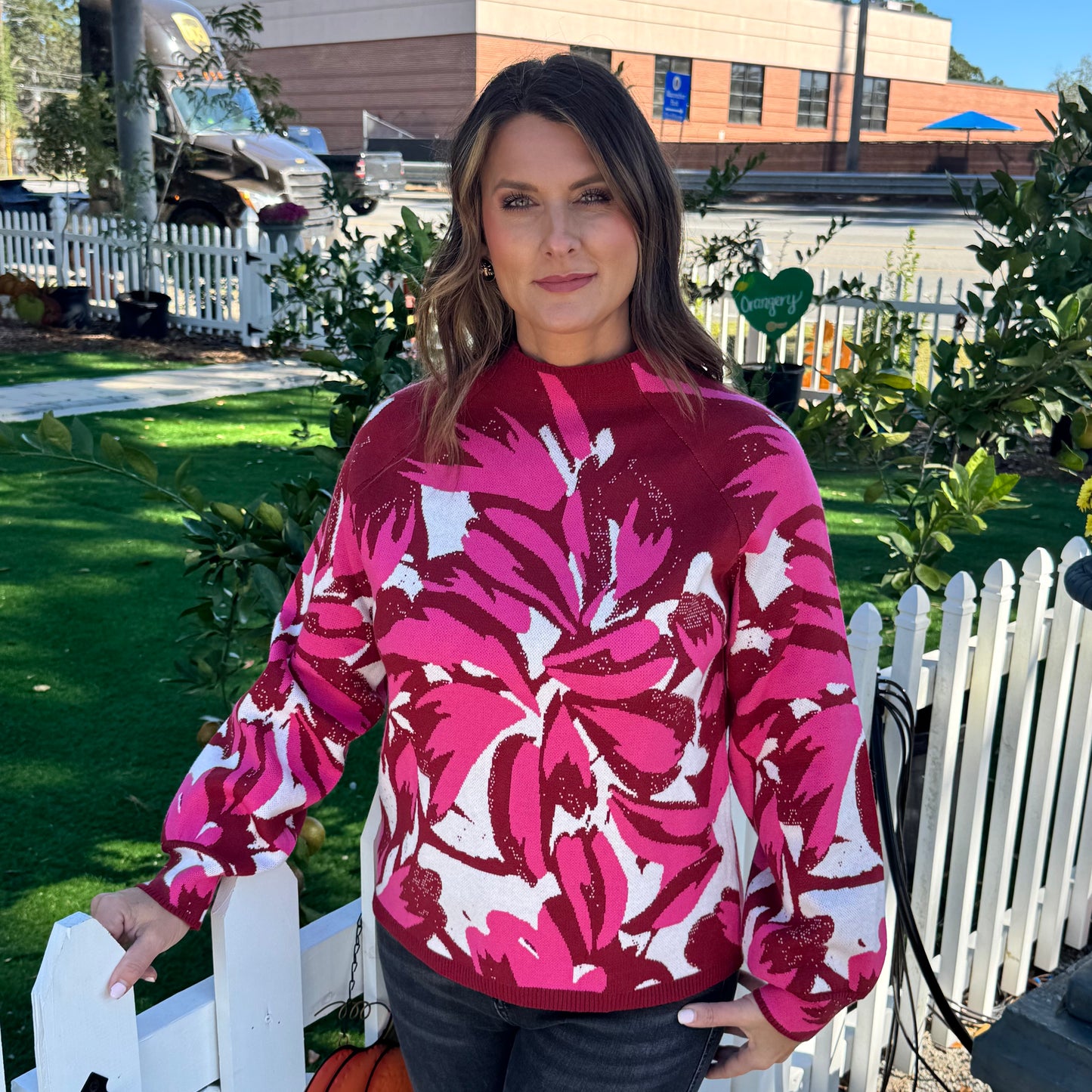 High Neck Raglan Floral Sweater Top