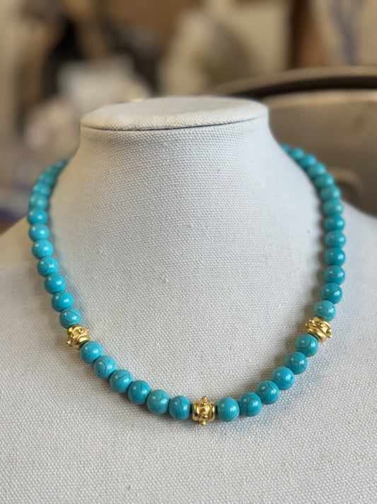 Gold Bead & Blue Turquoise Choker Necklace
