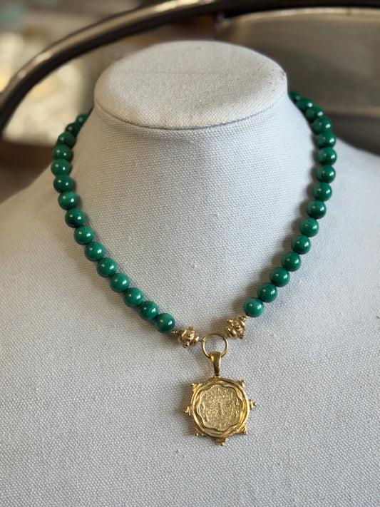 Hand-Cast Gold Malta Bee Coin Pendant on Malachite Necklace