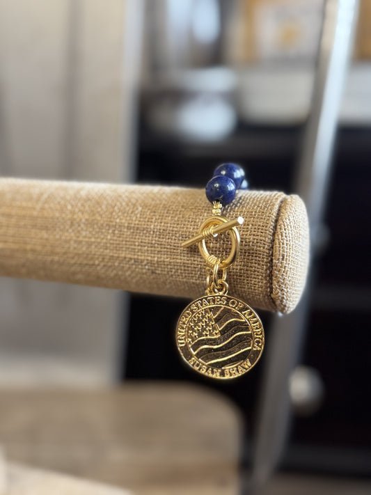 Gold USA 250 Coin on Blue Lapis Bracelet