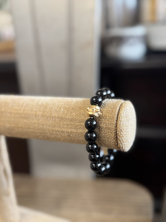 Gold Bead & Black Onyx Stretch Bracelet