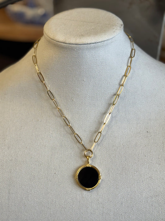 Gold Round Black Onyx Necklace