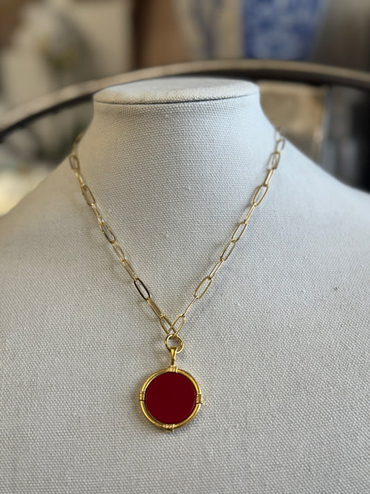 Gold Round Red Coral Necklace