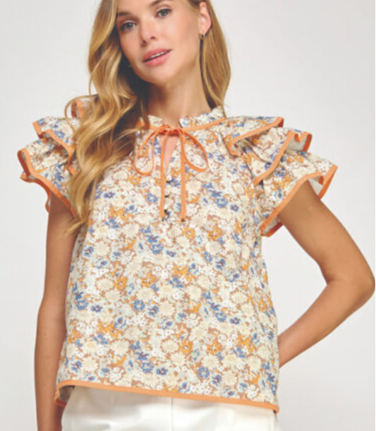 Piping Contrast Floral Ruffle Top Taupe/orange