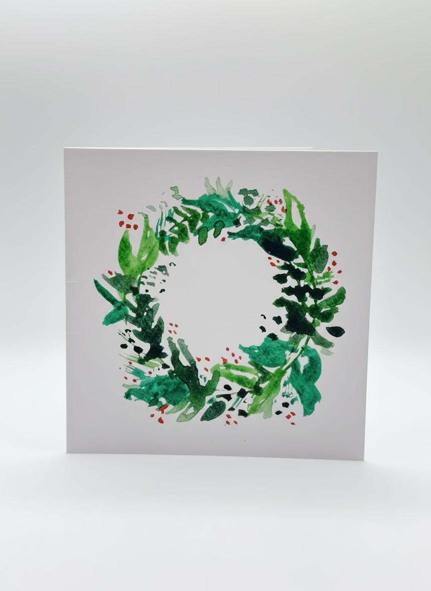 Hand-Painted Watercolor Wreath Christmas Card with envelope– Elegant, Artistic & Perfect for the Season
