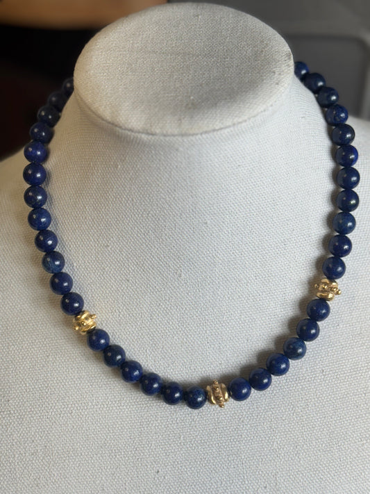 Handcast Gold Bead & Lapis Choker Necklace