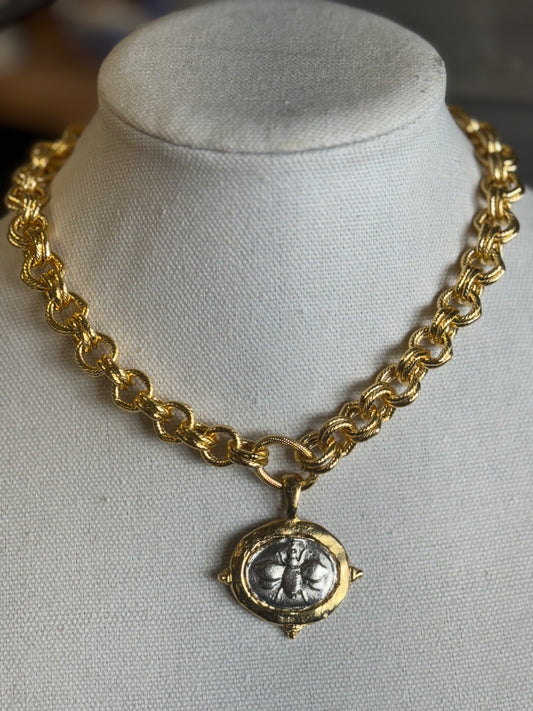 Handcast Gold & Silver Bee Intaglio Necklace