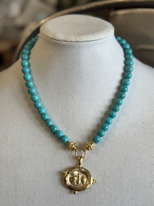 Hand-Cast Gold Bee & Turquoise Necklace